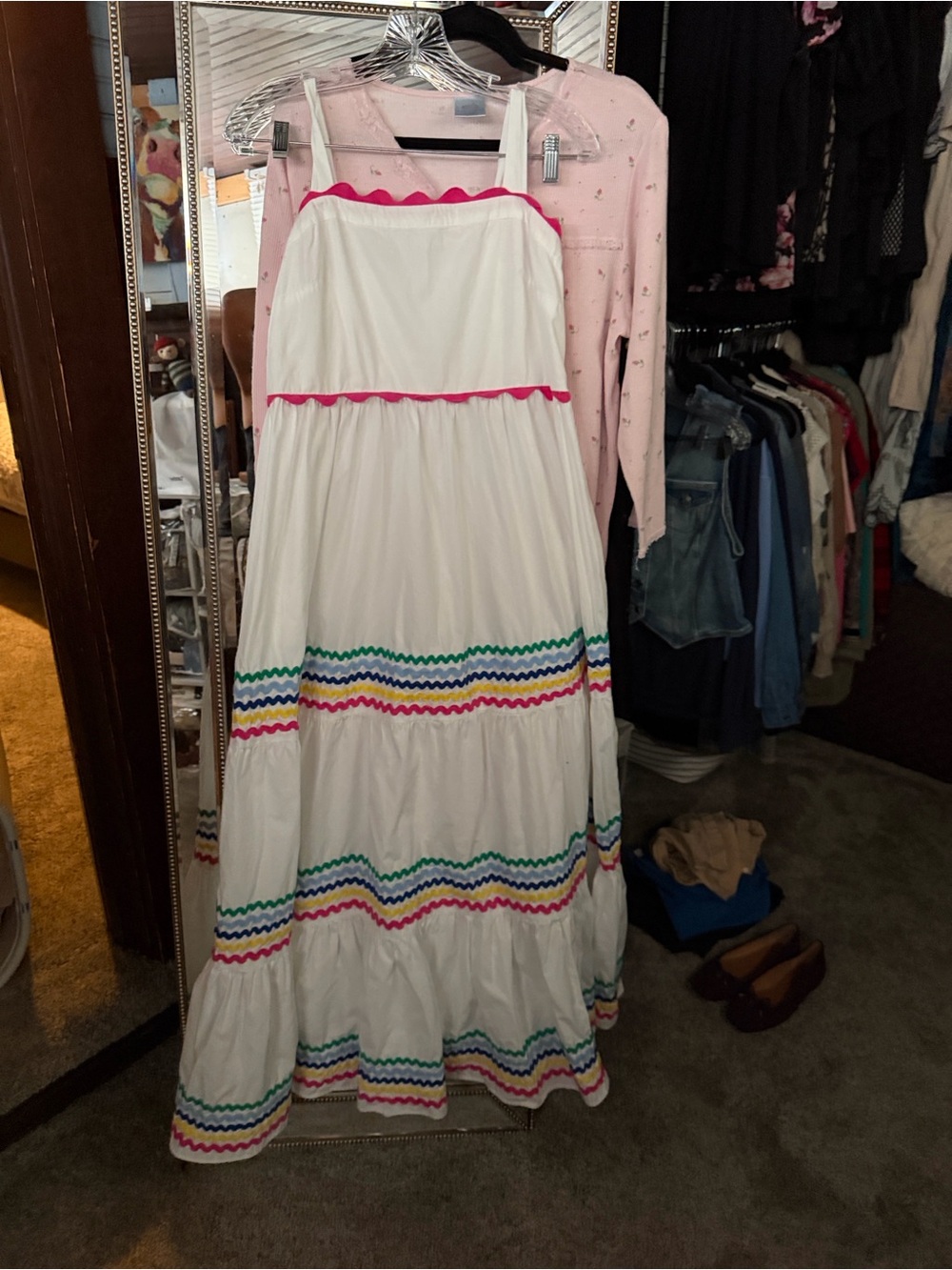 crown & ivy White Maxi Skirt with Pink, Green, Blue and Yellow Trim